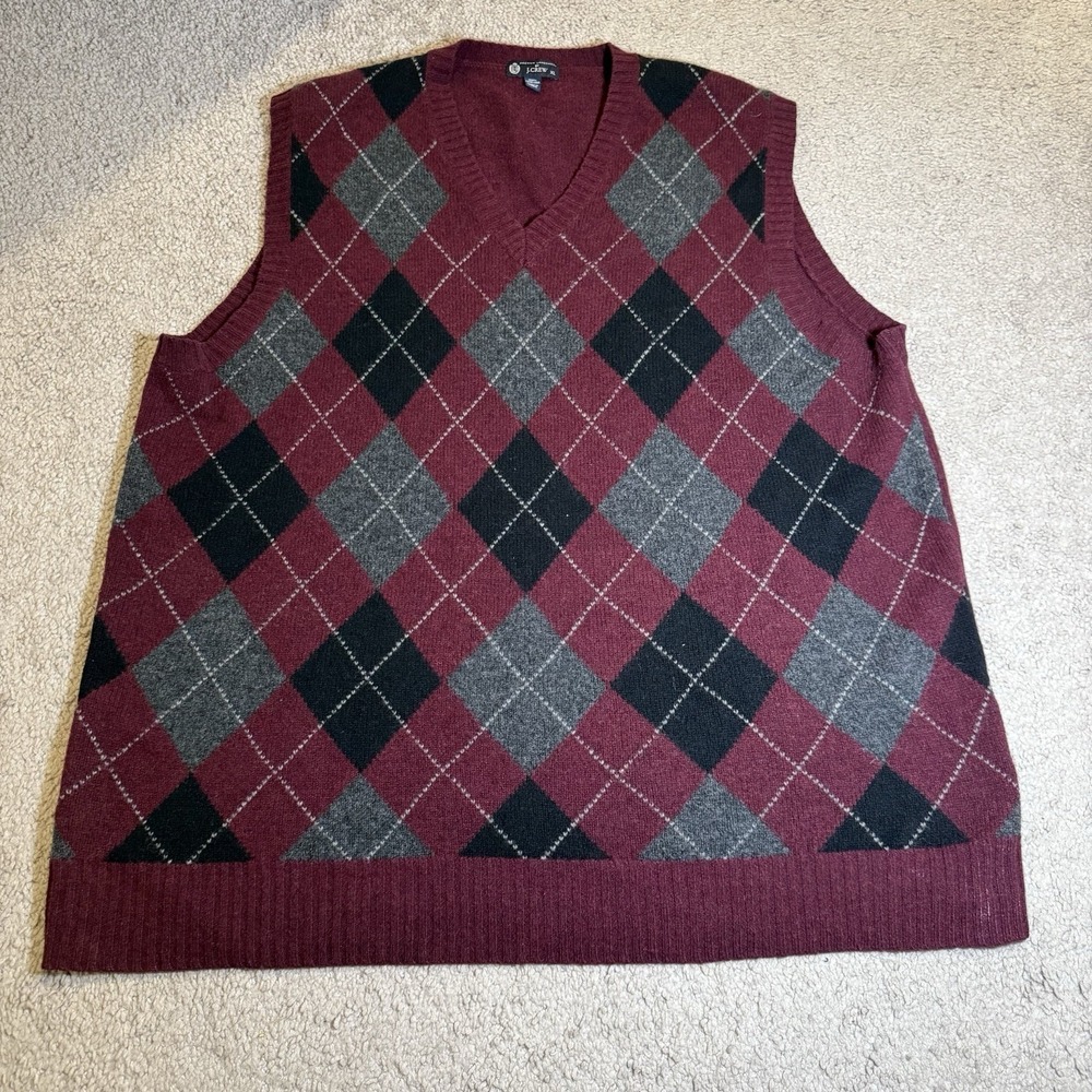 J.Crew 100% Lambswool Argyle‎ Sweater Vest Burgundy Gray Black V-Neck Mens XL